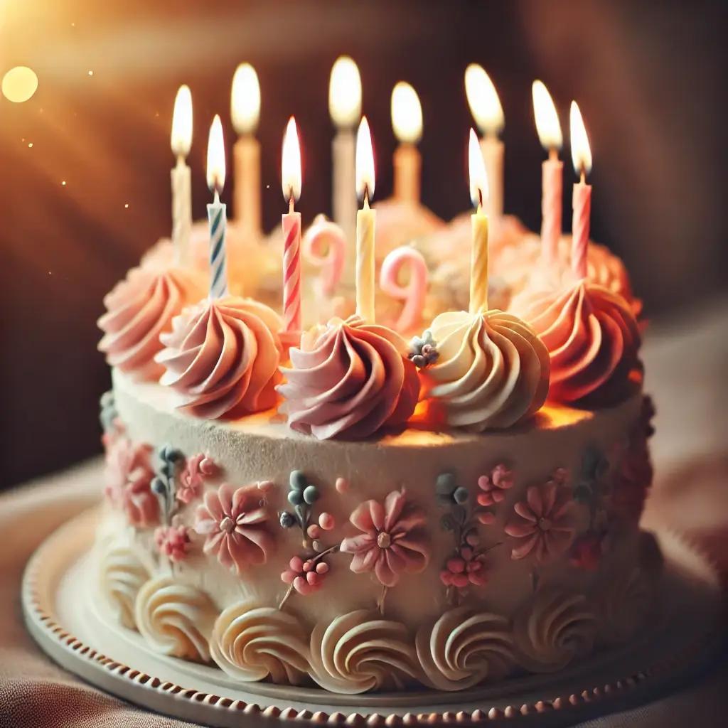 A small, beautifully decorated birthday cake with lit candles on top, ready to be wished upon