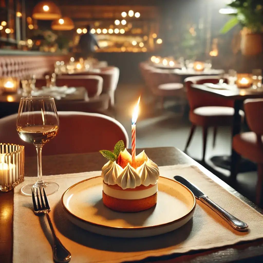 A cozy restaurant table for one, with a delicious dessert topped with a lit birthday candle