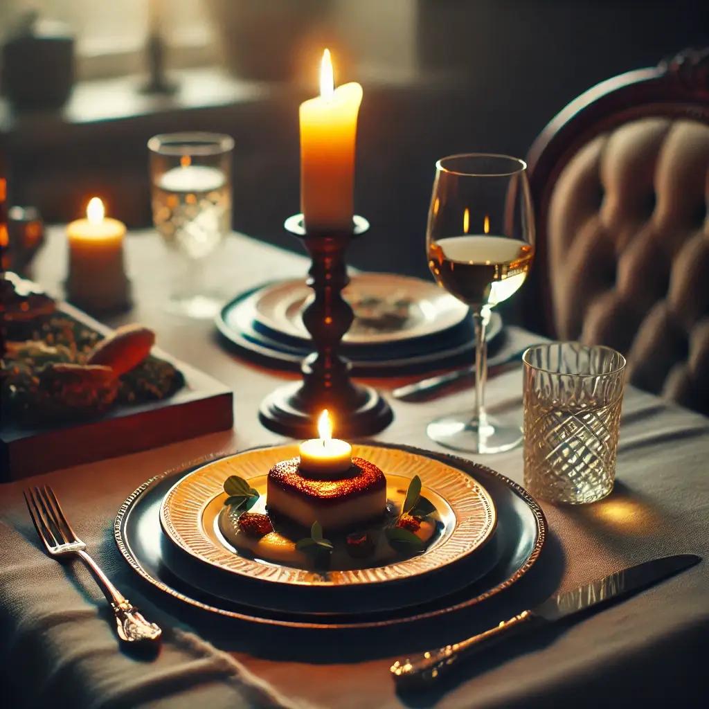 A dinner table set for one, with a candle in the center, a fancy meal on the plate, and a glass of wine