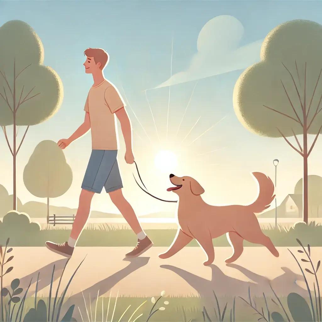 A person enjoying a serene morning walk with a happy dog by their side, under a clear sky.