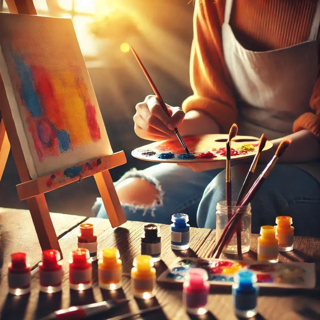 A person painting at a small easel, with colorful paints spread out around them