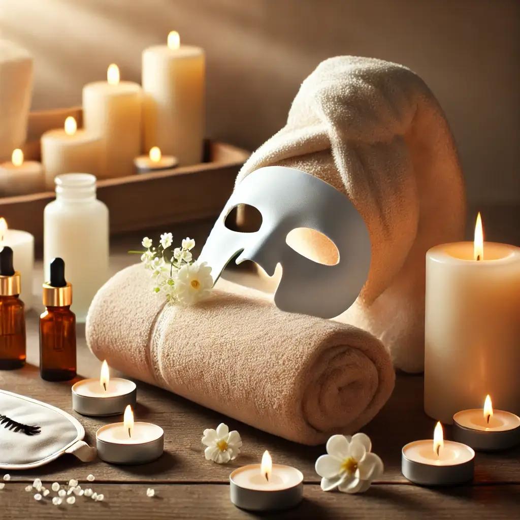 A serene spa scene, with soft candles, a rolled-up towel, and a facial mask