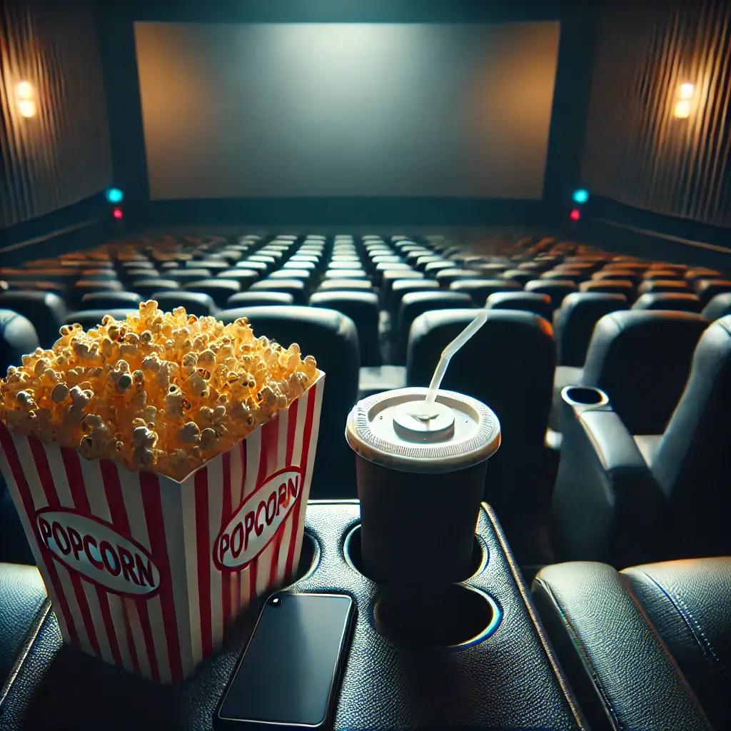 A theater seat with a popcorn bucket and a soda, looking towards a large movie screen