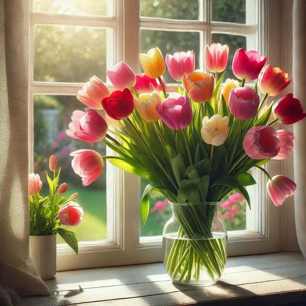 A beautiful bouquet of tulips in a vase, sitting on a window sill with sunlight streaming in