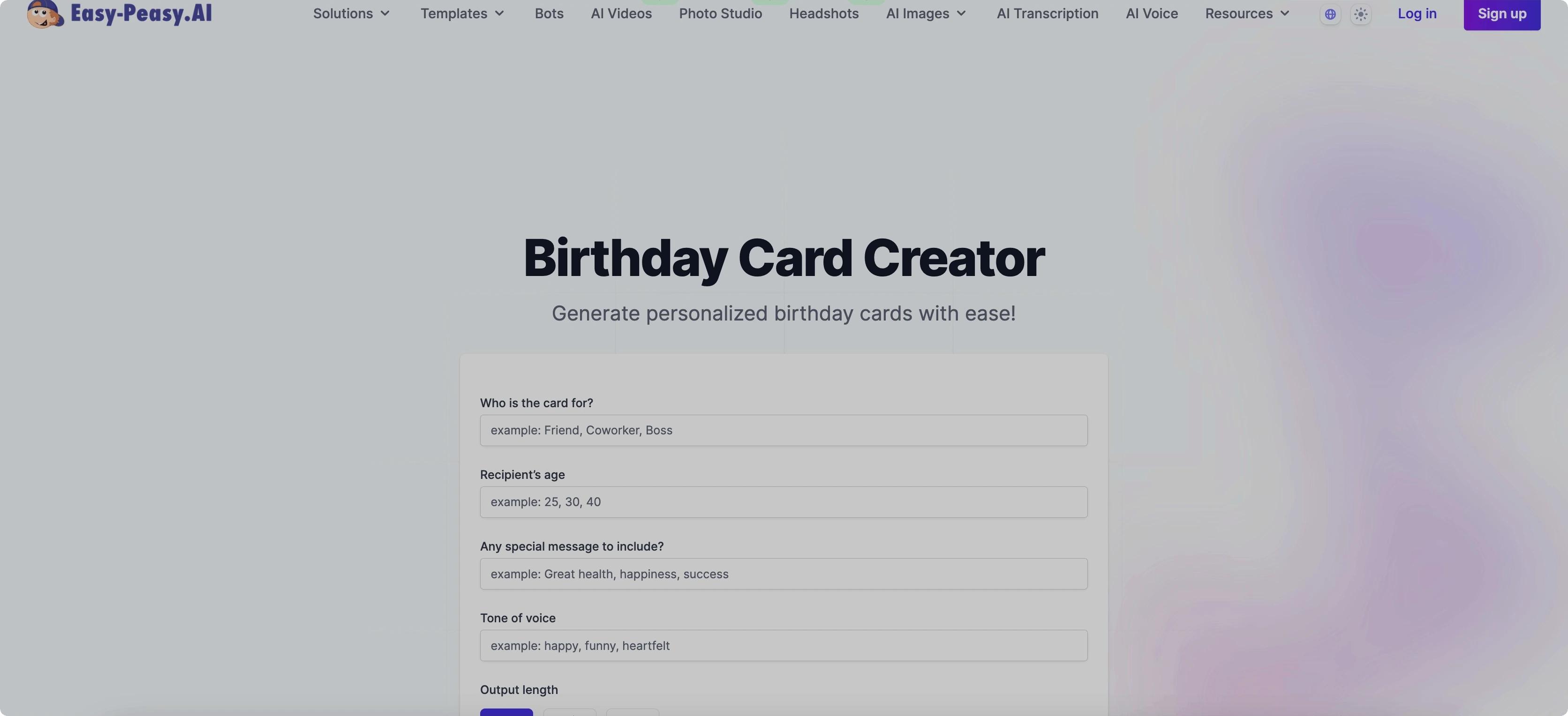 Screenshot of Easy-Peasy.ai Birthday Card Creator