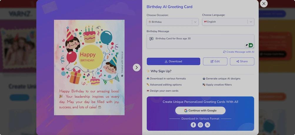 Screenshot of Varnz.ai AI Generated Birthday Greeting Cards