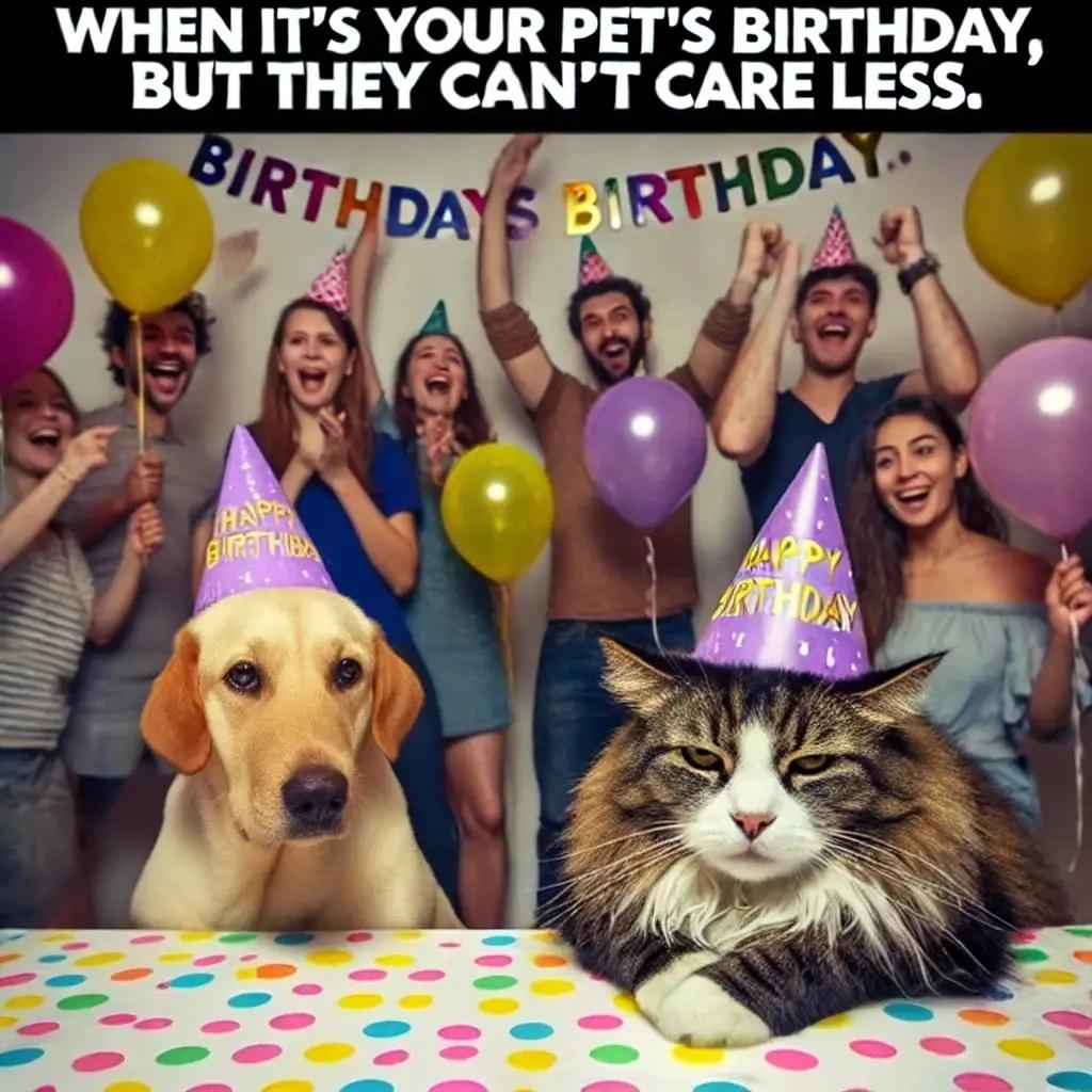 Meme4: WHEN IT'S YOUR PET'S BIRTHDAY, BUT THEY CAN'T CARE LESS